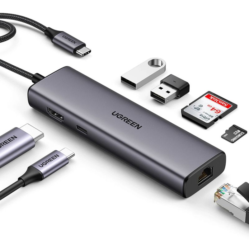 Hub USB-C, 2x USB, HDMI, RJ45, TF, SD Card, 4K, 100W - Ugreen (90568) - Gray