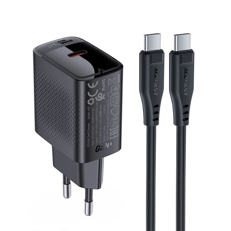 Incarcator pentru Priza, Type-C, PD20W, GaN, Fast Charging cu Cablu USB-C - Acefast (A82) - Black