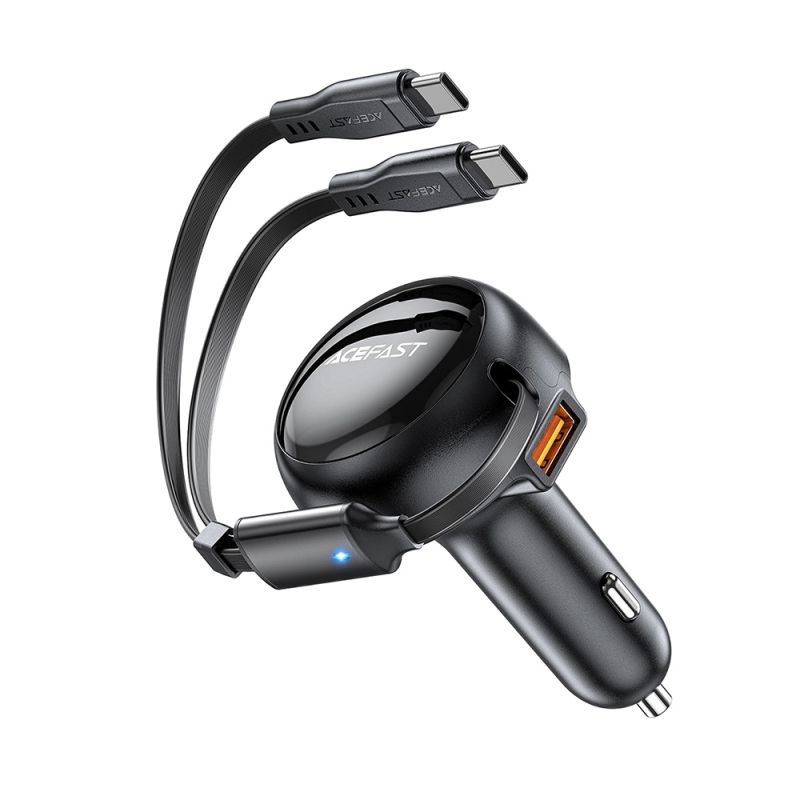 Incarcator pentru Masina USB, 2x Type-C, 53W, 70 + 15cm, Cablu Retractabil - Acefast (B13) - Black