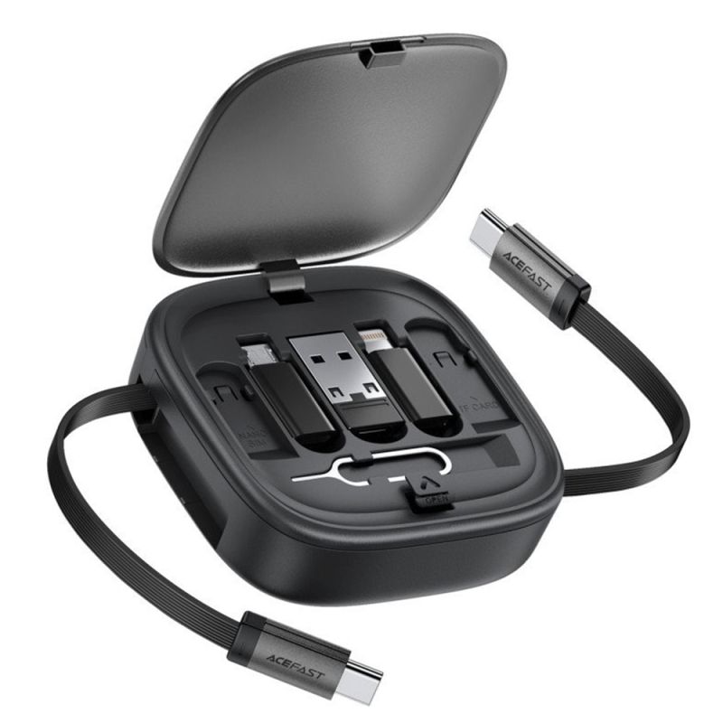 Set Calatorie cu Cablu Retractabil 2x Type-C, USB, Lightning, Micro-USB, TF, SIM, 60W, 3A, 0.95m - Acefast (J3) - Black