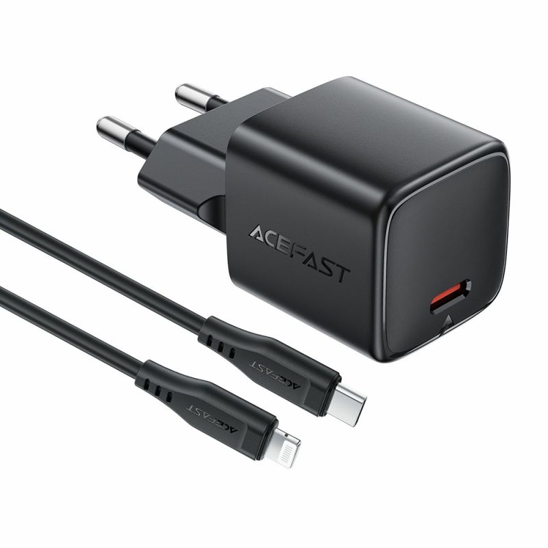 Alimentator pentru Priza, Type-C, GaN, 30W cu Cablu USB-C la Lightning 1.2m - Acefast (A118) - Black