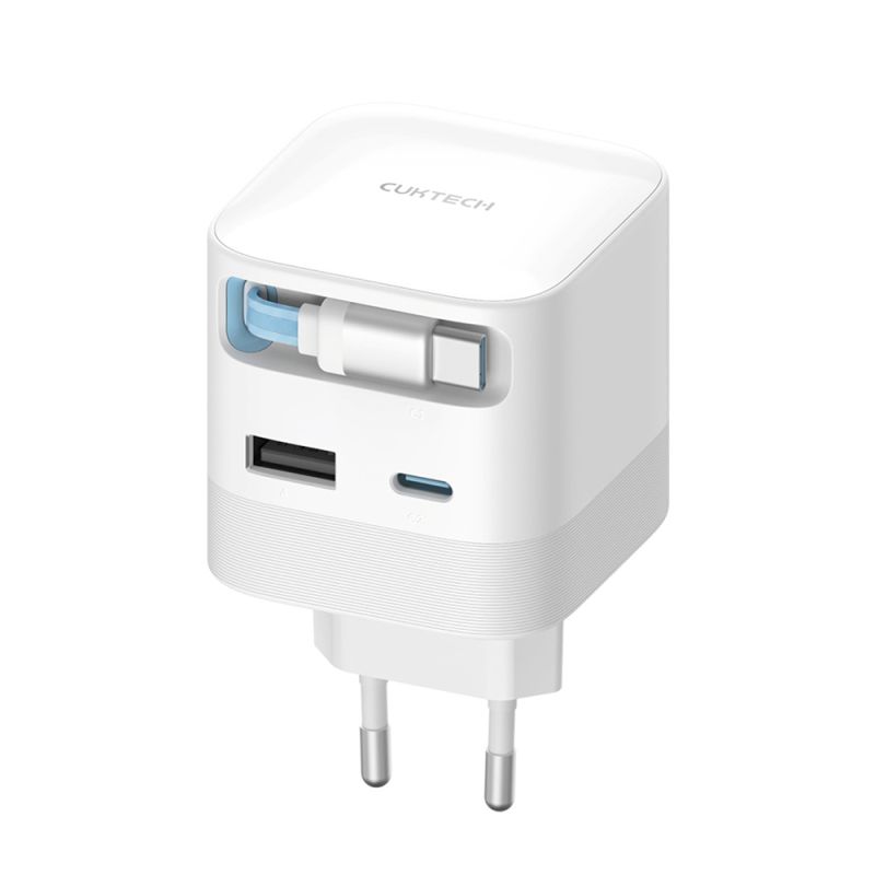 Incarcator pentru Priza, USB-C + USB-A, cu Cablu Retractabil USB-C, GaN, 67W - Cuktech AD653W (CUKA653WEUWT) - White / Blue