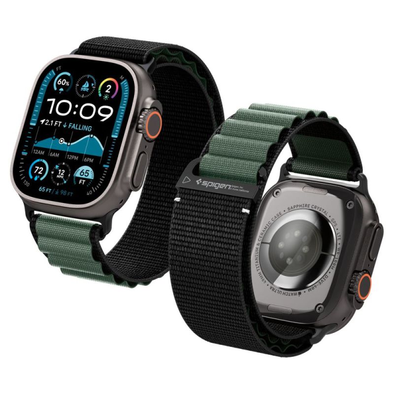 Curea pentru Apple Watch 6/7/8/9/10/11/SE/SE 2/SE 3/ Ultra/Ultra 2/Ultra 3/Ultra 4 (44/45/46/49mm) - Spigen Watchband WBF1 (AMP10223) - Black / Green