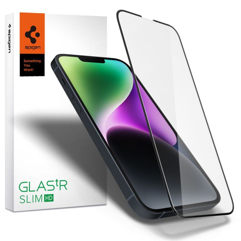 Folie pentru iPhone 13 / iPhone 13 Pro / iPhone 14 / iPhone 16e / iPhone 17e - Spigen Glas.tR Slim (AGL03392) - Black