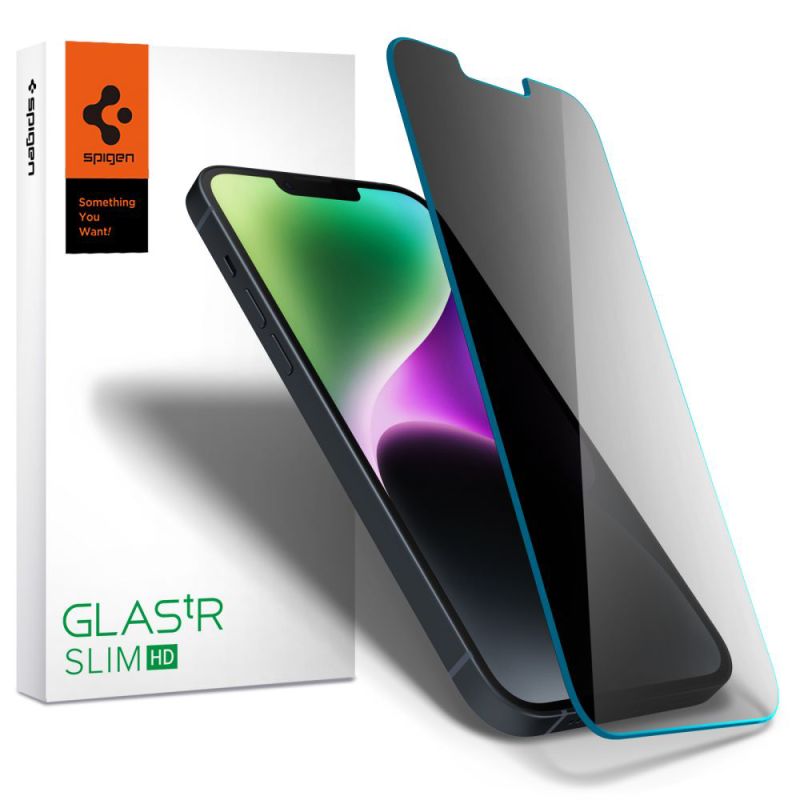 Folie pentru iPhone 13 / iPhone 13 Pro / iPhone 14 / iPhone 16e / iPhone 17e - Spigen Glas.tR Slim (AGL03393) - Privacy