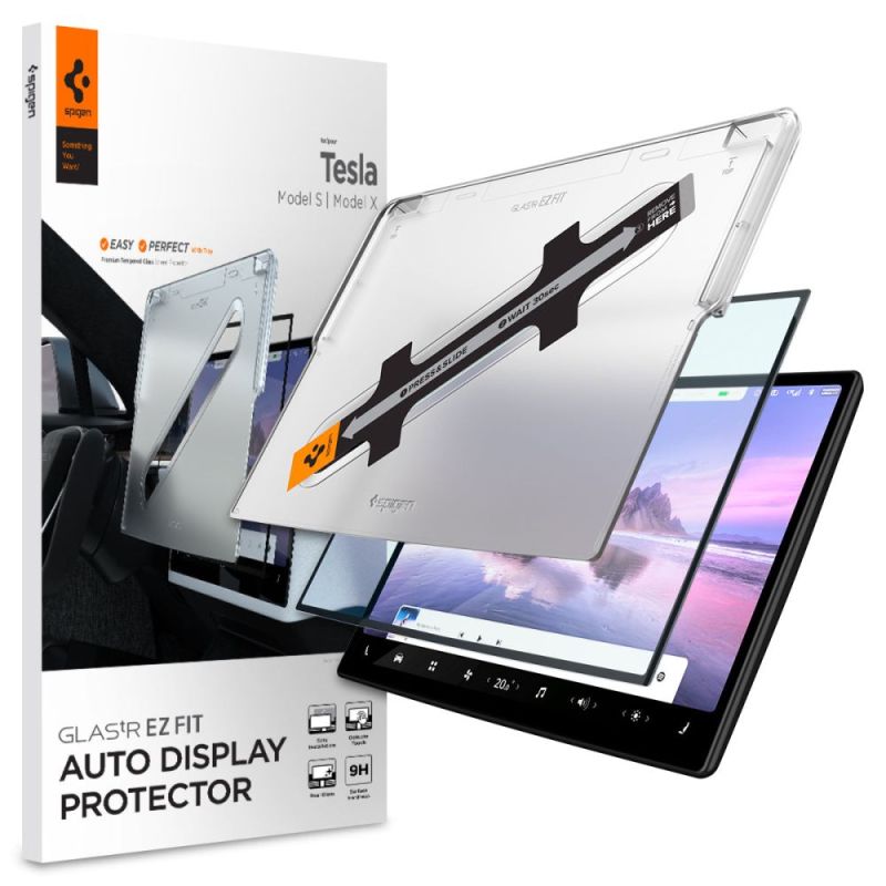 Folie pentru Display Auto Tesla Model X 2022 / Model S 2021 - Spigen Glas.tR EZ-FIT (AGL04688) - Black